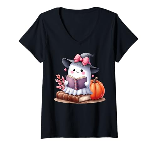 Damen Bücherwurm Kokette Schleife Geist lesen Büch Bücherfreak T-Shirt mit V-Ausschnitt Damen Bücherwurm Kokette Schleife Geist lesen Büch Bücherfreak T-Shirt mit V-Ausschnitt von Bookish Kawaii Ghost Coquette Girl Retro Halloween