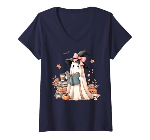 Damen Bücherwurm Kokette Schleife Geist lesen Büch Bücherfreak T-Shirt mit V-Ausschnitt Damen Bücherwurm Kokette Schleife Geist lesen Büch Bücherfreak T-Shirt mit V-Ausschnitt von Bookish Kawaii Ghost Coquette Girl Retro Halloween