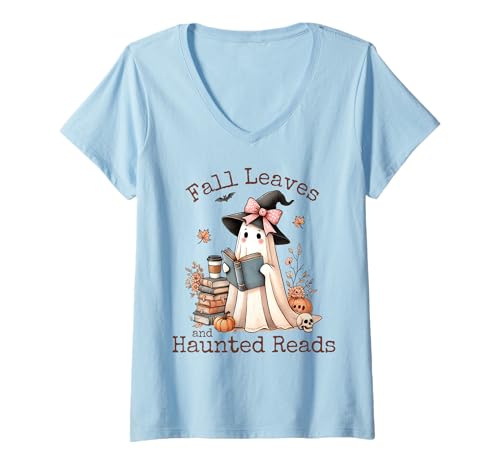 Damen Bücherwurm Kokette Schleife Geist lesen Büch Bücherfreak T-Shirt mit V-Ausschnitt Damen Bücherwurm Kokette Schleife Geist lesen Büch Bücherfreak T-Shirt mit V-Ausschnitt von Bookish Kawaii Ghost Coquette Girl Retro Halloween