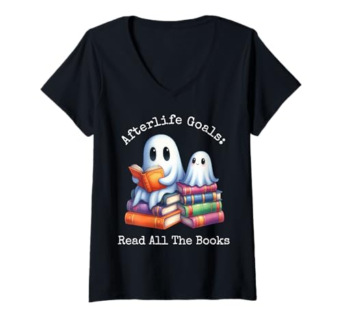 Damen Bücherwurm Geist lesen Büch Bücherfreak Bücherliebhaber T-Shirt mit V-Ausschnitt von Bookish Kawaii Ghost Spooky Book Lover Halloween