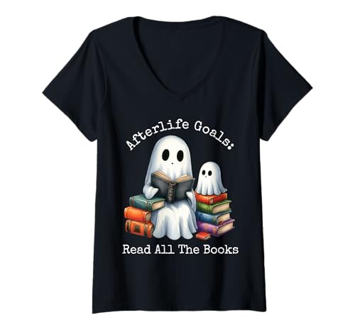 Damen Bücherwurm Geist lesen Büch Bücherfreak Bücherliebhaber T-Shirt mit V-Ausschnitt Damen Bücherwurm Geist lesen Büch Bücherfreak Bücherliebhaber T-Shirt mit V-Ausschnitt von Bookish Kawaii Ghost Spooky Book Lover Halloween