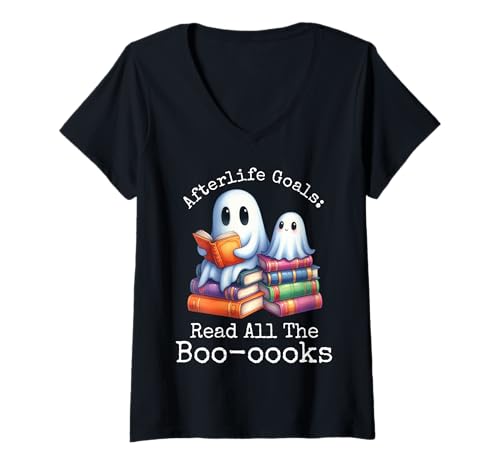 Damen Bücherwurm Geist lesen Büch Bücherfreak Bücherliebhaber T-Shirt mit V-Ausschnitt von Bookish Kawaii Ghost Spooky Book Lover Halloween