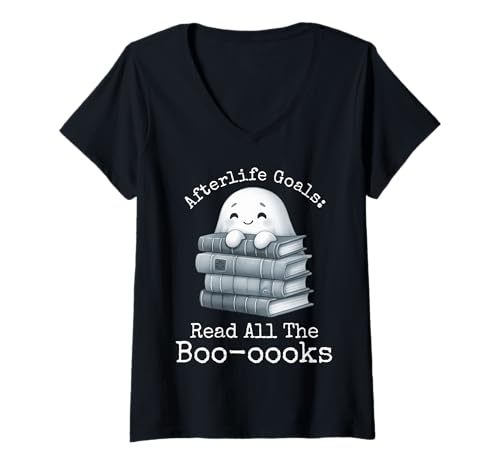 Damen Bücherwurm Geist lesen Büch Bücherfreak Bücherliebhaber T-Shirt mit V-Ausschnitt von Bookish Kawaii Ghost Spooky Book Lover Halloween