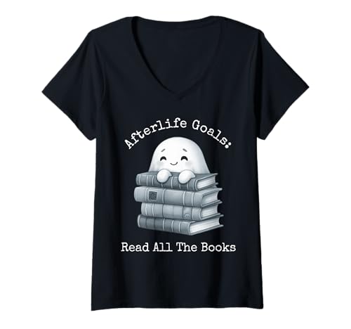 Damen Bücherwurm Geist lesen Büch Bücherfreak Bücherliebhaber T-Shirt mit V-Ausschnitt Damen Bücherwurm Geist lesen Büch Bücherfreak Bücherliebhaber T-Shirt mit V-Ausschnitt von Bookish Kawaii Ghost Spooky Book Lover Halloween
