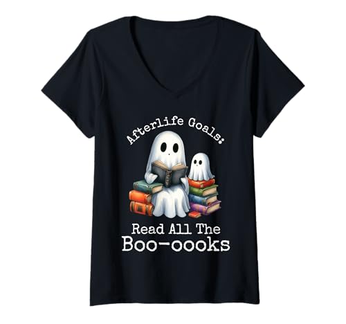 Damen Bücherwurm Geist lesen Büch Bücherfreak Bücherliebhaber T-Shirt mit V-Ausschnitt Damen Bücherwurm Geist lesen Büch Bücherfreak Bücherliebhaber T-Shirt mit V-Ausschnitt von Bookish Kawaii Ghost Spooky Book Lover Halloween