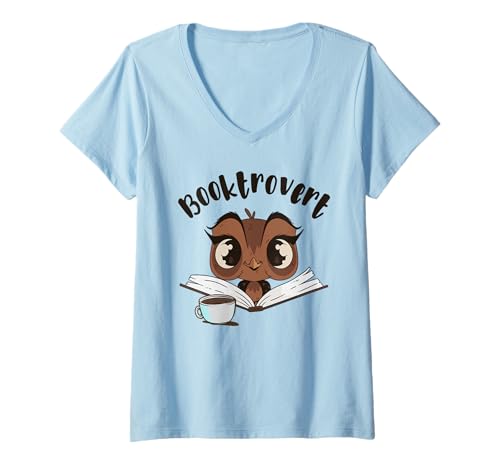 Damen Booktrovert Eule mit Buch und Kaffee T-Shirt mit V-Ausschnitt von Bookish introvert humor