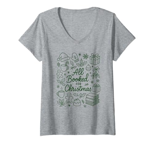 Damen Alles für Weihnachten gebucht Reader Bookish Doodle T-Shirt mit V-Ausschnitt Damen Alles für Weihnachten gebucht Reader Bookish Doodle T-Shirt mit V-Ausschnitt von Books Christmas Green Monochrome Reading