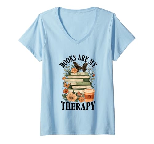 Damen Bücher Kaffee Blumen Schmetterlinge T-Shirt mit V-Ausschnitt Damen Bücher Kaffee Blumen Schmetterlinge T-Shirt mit V-Ausschnitt von Books Coffee Flowers Butterflies Nature