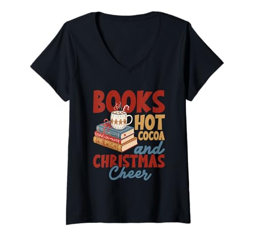 Damen Bücher Hot Cocoa and Christmas Cheer Festive Reading T-Shirt mit V-Ausschnitt Damen Bücher Hot Cocoa and Christmas Cheer Festive Reading T-Shirt mit V-Ausschnitt von Books Hot Cocoa Christmas Cheer Cozy Vibes