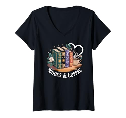 Damen Books and Coffee Book Lover Bookish Green Book Theme Reading T-Shirt mit V-Ausschnitt Damen Books and Coffee Book Lover Bookish Green Book Theme Reading T-Shirt mit V-Ausschnitt von Books and Coffee Shirts for Women Book Lovers Tees