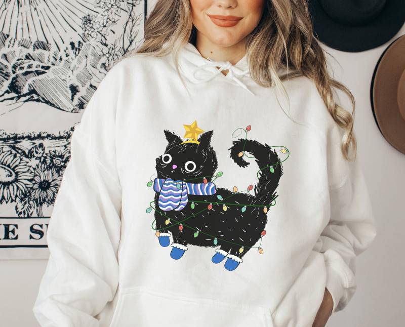 Christmas Cat Hoodie - Winter Weihnachten Pullover Katze Boho Kleidung Wintermotiv Cottagecore von wodieLIEBElebt