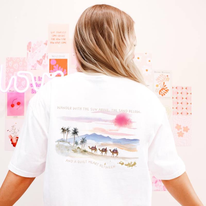 T-Shirt Marokko Kamele Palmen - Travel Shirt Orient Wüsten Shirt, Marrakesch Aquarell Boho Ethno Oversize T-Shirt, Morocco Desert Clothing von wodieLIEBElebt