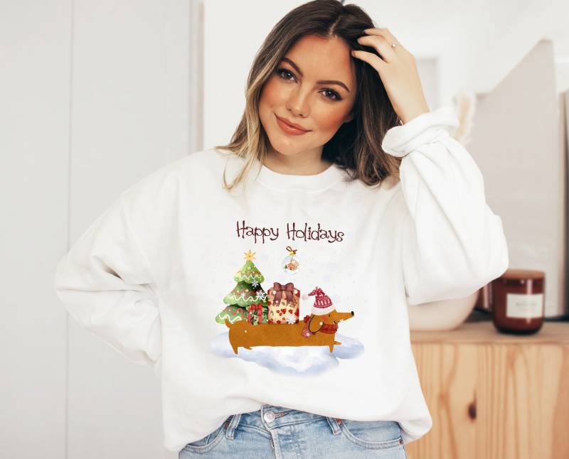 Weihnachten Pullover Dackel Hund - Christmas Tree Sweater Boho Kleidung Christmasclothing Sweatshirt Cottagecore-style von wodieLIEBElebt