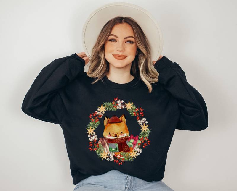 Weihnachten Pullover Fuchs Hund - Christmas Tree Sweater Boho Kleidung Christmasclothing Sweatshirt Cottagecore-style von BooksandBotany