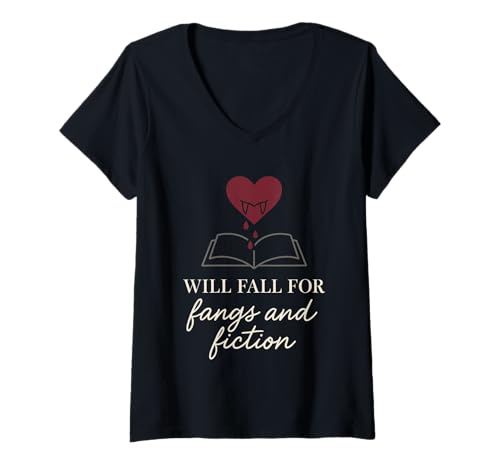 Damen Vampire Fiction Bookish Romantic Fang Reader Literary Dark T-Shirt mit V-Ausschnitt von Booktok Vampire Fan Gear Introvert Fiction Dark