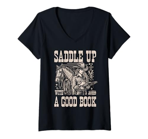Damen Auf den Sattel mit einem Guten Buch - Cowgirl Western Women Vintage T-Shirt mit V-Ausschnitt von Bookworm Cowgirl Apparel