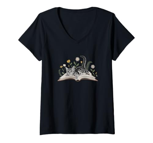 Damen Book Cat Paws and Pages Funny Reading T-Shirt mit V-Ausschnitt Damen Book Cat Paws and Pages Funny Reading T-Shirt mit V-Ausschnitt von Bookworm Humor Funny Reading Saying