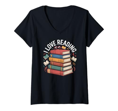 Damen Ich liebe es, Book Stack Enthusiast zu lesen T-Shirt mit V-Ausschnitt Damen Ich liebe es, Book Stack Enthusiast zu lesen T-Shirt mit V-Ausschnitt von Bookworm Library Enthusiast Book Lover