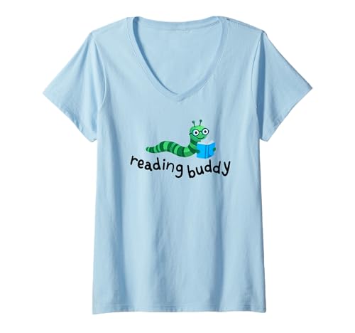 Damen Reading Buddy Niedlicher Bücherwurm mit Buch T-Shirt mit V-Ausschnitt Damen Reading Buddy Niedlicher Bücherwurm mit Buch T-Shirt mit V-Ausschnitt von Bookworm Reading Buddy Charm
