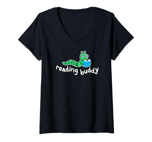 Damen Reading Buddy Niedlicher Bücherwurm mit Buch T-Shirt mit V-Ausschnitt Damen Reading Buddy Niedlicher Bücherwurm mit Buch T-Shirt mit V-Ausschnitt von Bookworm Reading Buddy Charm