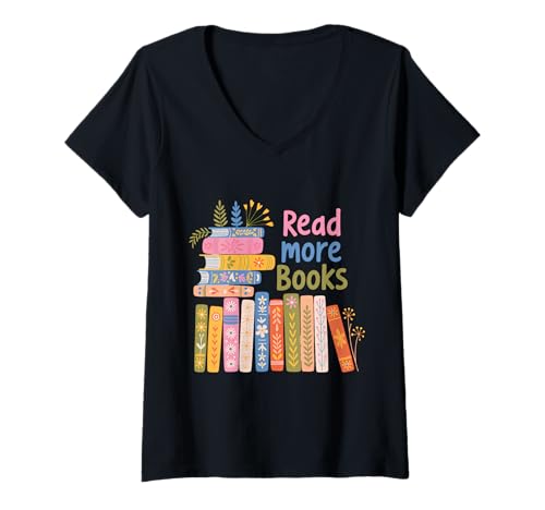 Damen Lesen Sie mehr Bücher Floral T-Shirt mit V-Ausschnitt von Bookworm Reading Interventionist