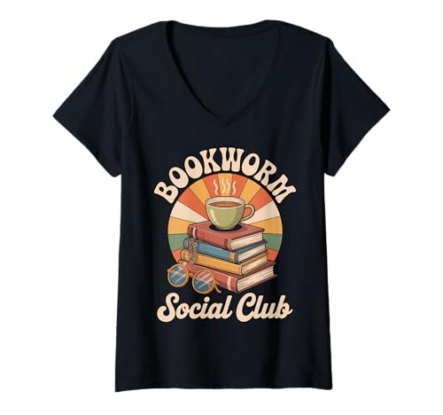 Damen Bookworm Social Club Vintage-Leseliebhaber T-Shirt mit V-Ausschnitt Damen Bookworm Social Club Vintage-Leseliebhaber T-Shirt mit V-Ausschnitt von Bookworm Vintage Book Reading Tees