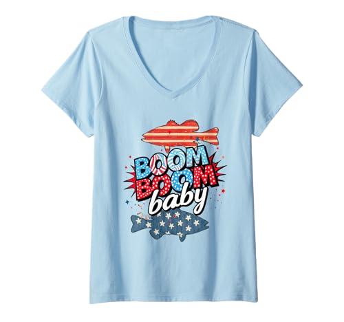 Damen Boom Baby Fish Patriotic American US Flag 4th Of July T-Shirt mit V-Ausschnitt Damen Boom Baby Fish Patriotic American US Flag 4th Of July T-Shirt mit V-Ausschnitt von Boom Baby Fish Patriotic 4th Of July Shirt