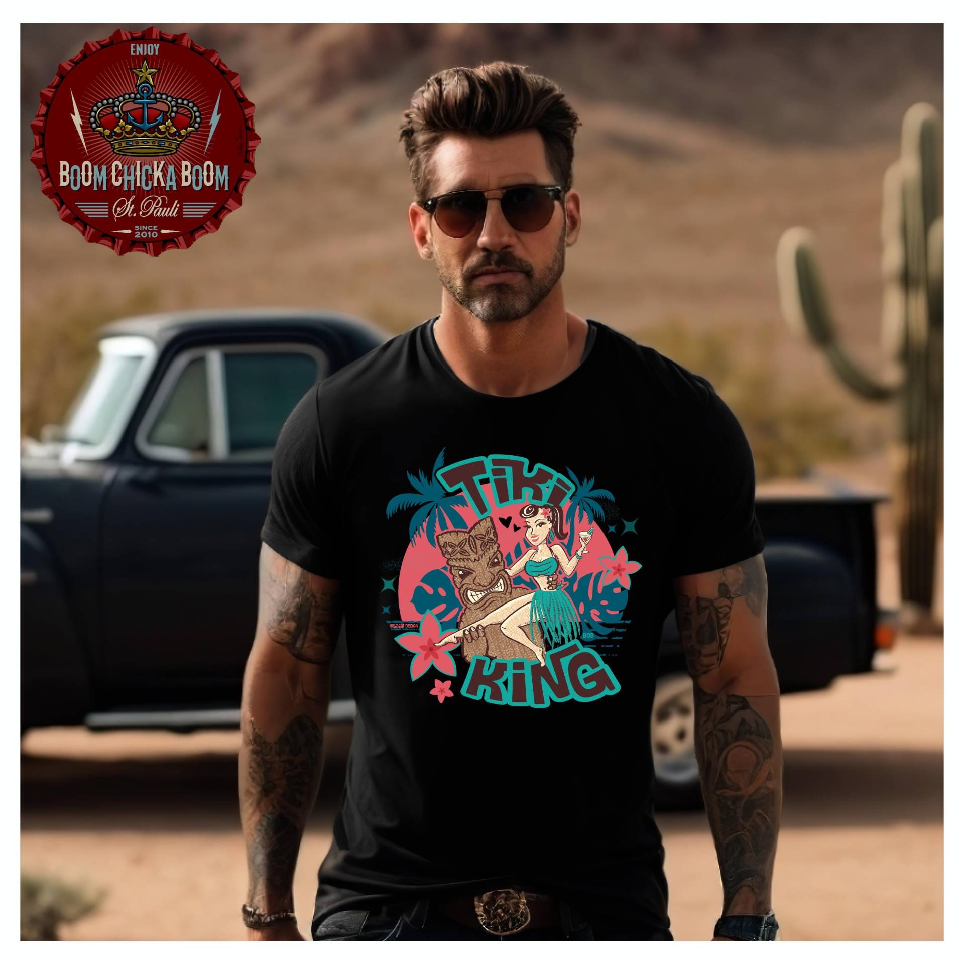 Tiki King Herren T Shirt Auf Schwarz Tattoo Rockabilly Oldschool von BoomChickaBoomShop