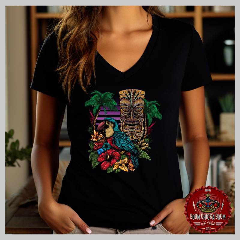 Tropical Paradise Damen T Shirt Auf Schwarz Tiki Oldschool von BoomChickaBoomShop