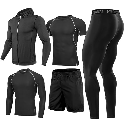 Männer Workout Kleidung Outfit Fitness Bekleidung Fitnessstudio Outdoor Laufen Kompressionshose Shirt Top Langarm Jacke 4PCS oder 5pcs schwarz XXL von BOOMCOOL
