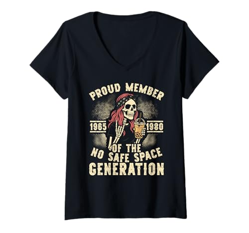 Damen Proud Member of The No Safe Space Generation Retro Damen T-Shirt mit V-Ausschnitt von Boomer Humor Generation Sarkasmus Spüche Designs