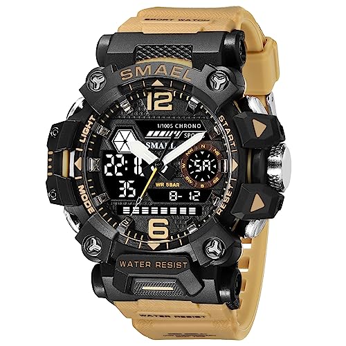 Boosns Herren Digital Sport Outdoor Militär LED Elektronik Licht Analog Quarz Double Zeit Alarm Datum Stoppuhr Plastik Uhren Multifunktional Wasserdicht Armbanduhr (Gelb) von Boosns
