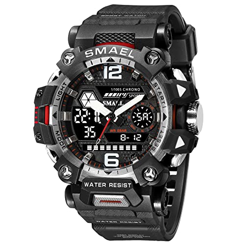 Boosns Herren Digital Sport Outdoor Militär LED Elektronik Licht Analog Quarz Double Zeit Alarm Datum Stoppuhr Plastik Uhren Multifunktional Wasserdicht Armbanduhr (Schwarz und weiß) von Boosns