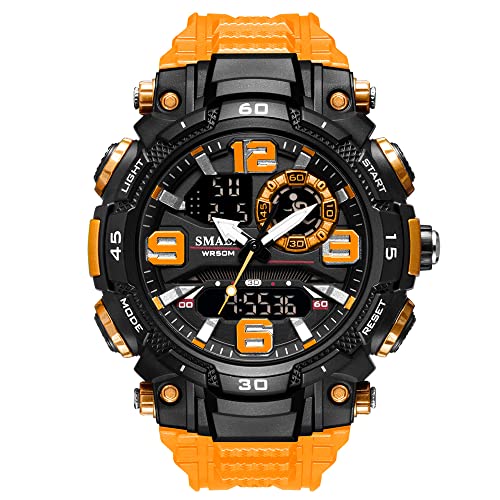 Boosns Herren Digital Sport Outdoor Militär Wasserdicht Uhr Analog Quarz Double Zeit Alarm Datum Uhren LED Elektronik Licht Stoppuhr Plastik Uhren (Orange) von Boosns