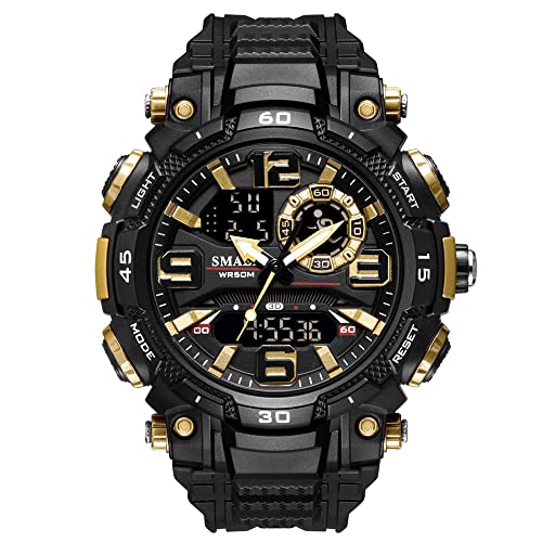 Boosns Herren Digital Sport Outdoor Militär Wasserdicht Uhr Analog Quarz Double Zeit Alarm Datum Uhren LED Elektronik Licht Stoppuhr Plastik Uhren (Schwarzes Gold) von Boosns