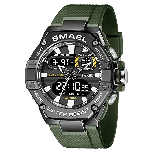 Boosns Herren Digitaluhr Sportuhr Outdoor Militär Multifunktional Wasserdicht Uhren LED Elektronik Licht Analog Quarz Double Zeit Alarm Datum Stoppuhr Plastik Armbanduhr (Military Green) von Boosns