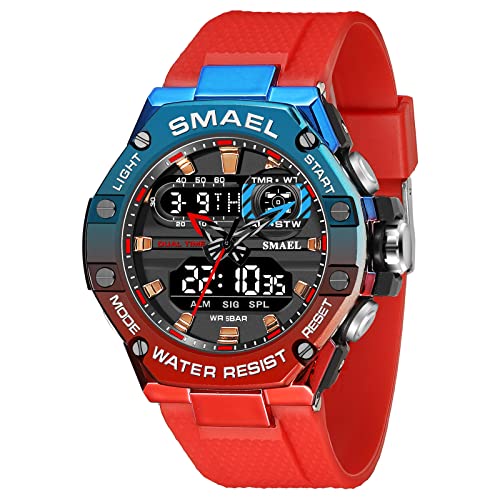 Boosns Herren Digitaluhr Sportuhr Outdoor Militär Multifunktional Wasserdicht Uhren LED Elektronik Licht Analog Quarz Double Zeit Alarm Datum Stoppuhr Plastik Armbanduhr (Rot) von Boosns