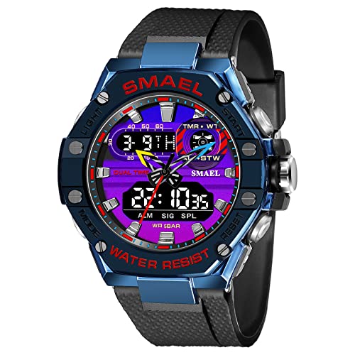 Boosns Herren Digitaluhr Sportuhr Outdoor Militär Multifunktional Wasserdicht Uhren LED Elektronik Licht Analog Quarz Double Zeit Alarm Datum Stoppuhr Plastik Armbanduhr (Stahlorchidee) von Boosns