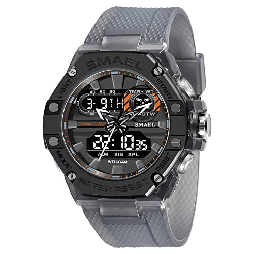 Boosns Herren Digitaluhr Sportuhr Outdoor Militär Multifunktional Wasserdicht Uhren LED Elektronik Licht Analog Quarz Double Zeit Alarm Datum Stoppuhr Plastik Armbanduhr (Transparent grau) von Boosns