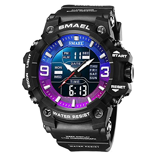 Boosns Herren Outdoor Militär Digital Sport Uhren Analog Quarz Double Zeit LED Elektronik Alarm Datum Stoppuhr Armbanduhr Sportuhr (Schwarz Lila Blau) von Boosns