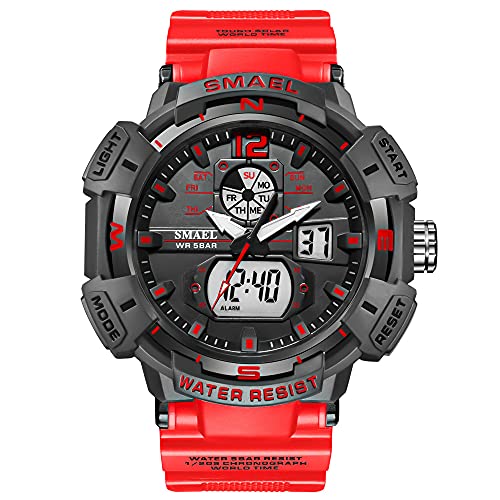 Boosns Herren Outdoor Militär Plastik Uhren Digitaluhr Sportuhr LED Elektronik Analog Quarz Double Zeit Alarm Datum Stoppuhr Wasserdicht Armbanduhr (Rot) von Boosns
