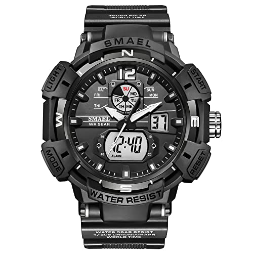 Boosns Herren Outdoor Militär Plastik Uhren Digitaluhr Sportuhr LED Elektronik Analog Quarz Double Zeit Alarm Datum Stoppuhr Wasserdicht Armbanduhr (Schwarz) von Boosns