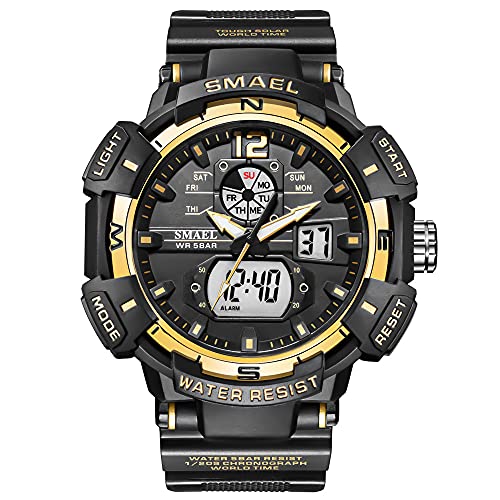 Boosns Herren Outdoor Militär Plastik Uhren Digitaluhr Sportuhr LED Elektronik Analog Quarz Double Zeit Alarm Datum Stoppuhr Wasserdicht Armbanduhr (Schwarzes Gold) von Boosns