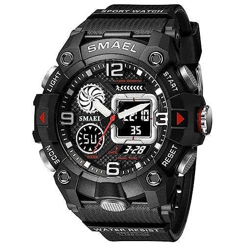 Boosns Herren Uhr Digitaluhr Sport Outdoor Militär Wasserdicht Uhren, LED Elektronik Licht Quarz Double Zeit Alarm Datum Stoppuhr Plastik Armbanduhr (Schwarz und weiß) von Boosns