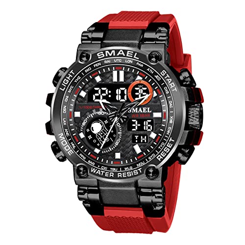 Boosns Herren Wasserdicht DigitalSportOutdoor Militär LED Elektronik Licht Analog Quarz Double Zeit Alarm Datum Stoppuhr Plastik Uhren (Rot) von Boosns