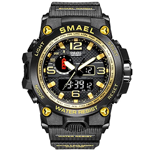 Boosns Herren Wasserdicht Uhr Outdoor Militär Digital Uhren Sportuhr LED Elektronik Analog Quarz Double Zeit Alarm Datum Stoppuhr Armbanduhr (Schwarzes Gold) von Boosns