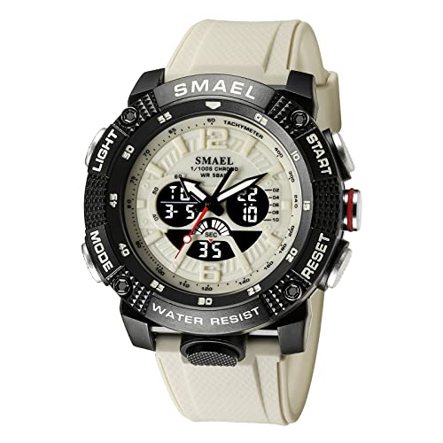 Boosns Herren und Damen Uhr Digitaluhr Sport Outdoor Militär Wasserdicht Uhren LED Elektronik Licht Quarz Double Zeit Alarm Datum Stoppuhr Plastik Armbanduhr (Beige) von Boosns