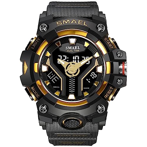 Boosns Herrenuhr Digital Sport Outdoor Militär Uhren LED Elektronik Licht Analog Quarz Double Zeit Alarm Datum Stoppuhr Plastik Uhren Multifunktional Wasserdicht Armbanduhr (Schwarzes Gold) von Boosns