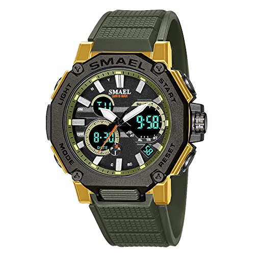 Boosns Herrenuhr Digital Sport Outdoor Uhren Militär Wasserdicht LED Elektronik Licht Quarz Double Zeit Alarm Datum Stoppuhr Plastik Armbanduhr und Gummiband (Military Green) von Boosns