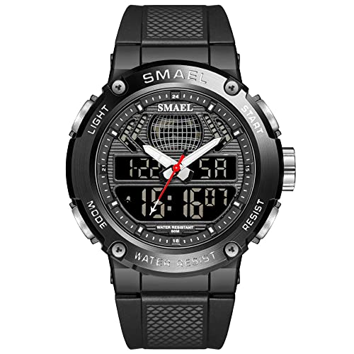 Boosns Herrenuhr Digital Sport Outdoor Uhren Militär Wasserdicht Wasserdicht LED Elektronik Licht Analog Quarz Double Zeit Alarm Datum Stoppuhr Plastik Armbanduhr (Schwarz) von Boosns